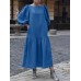 Women Puff Sleeve Calf Length Solid Color Buttons Casual Midi Dresses