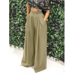 Women Pure Color High Elastic Waist Simple Wide Leg Pants With Pocket