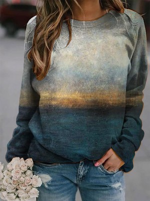 Landscape Prints Round Neck Long Sleeves Casual T  shirts For Women