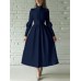 Women Ruffles Turtleneck Calf Length Buttons Zipper Spliced Casual Midi Dresses