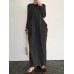 Women Side Pockets Pleated Solid Maxi Length O  Neck Midi Dresses