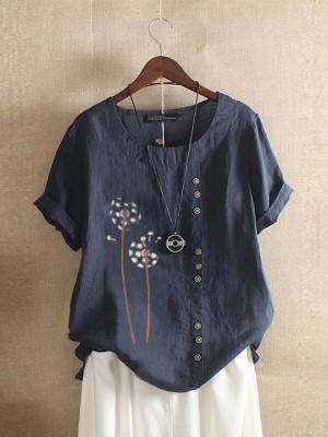Flower Print O  neck Short Sleeves Button Vintage T  shirts For Women