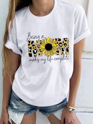 Flower Leopard Letter Print Short Sleeve O  neck T  shirts For Women