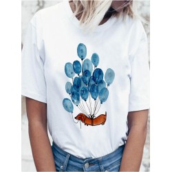 Cute Cartoon Dog   Balloon Round Neck Women White Short Sleeve T  Shirts