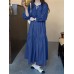 Women Puff Sleeve Pleats Drawstring Ankle Length Solid O  Neck Midi Dresses